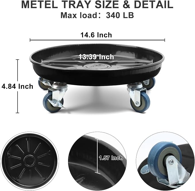 1 Pack 14.6 Inch Metal Plant Caddy With Wheels, Round Rolling Heavy Duty Plant Dolly, Heavy Plant Pot Mover Outdoor or Indoor,Plant Stand with Locking Wheels(Black)