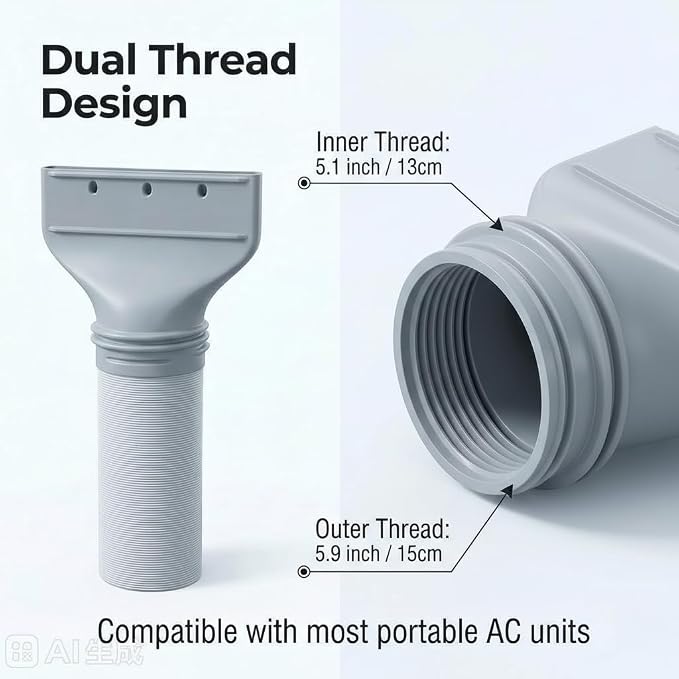 Portable AC Exhaust Hose Kit - 1 Inch Flat Nozzle + 59 Inch Hose | Vent kit for 3D printers, laser engravers & portable ACs. 1in flat nozzle + 59in hose + adapter. Dual-thread. No drilling.