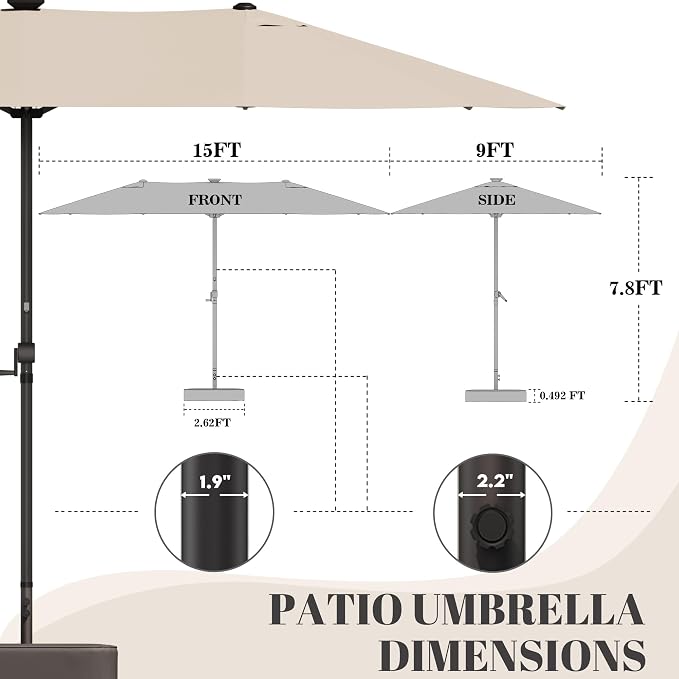 GDPFN 15ft Rectangular Patio Umbrella with Solar LED Lights, Double-Sided Outdoor Market Umbrella with Base Included, Extra Large Shade for Pool, Deck, Backyard, Garden, Beige
