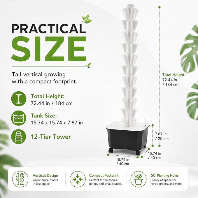 12-Tier 60-Hole Indoor Hydroponic Grow Tower, Vertical Garden System with 6.6Gal Tank & Water Pump, Self-Watering for Herbs, Lettuce, Strawberries, Space Saving Indoor Gardening for Home, Apartment
