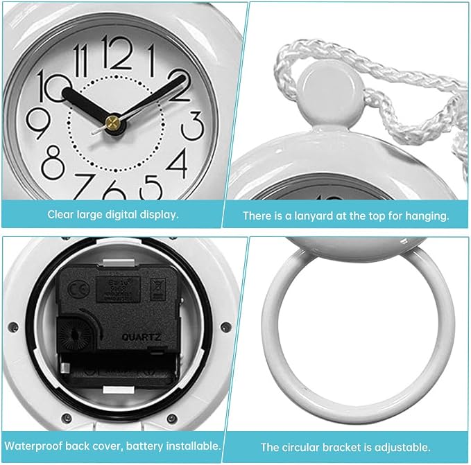 Waterproof Shower Clock, 4.72 in Analog Quartz Bathroom Clock with Silent Movement, Hanging or Standing, ABS Plastic, Requires 1 AA Battery, Not Included, White