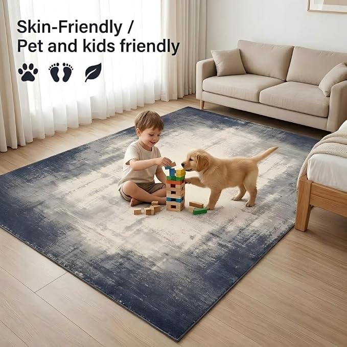5x7 Navy Blue and Ivory Abstract Gradient Area Rug | Washable non-slip low-pile faux cashmere rug for living rooms, bedrooms and home offices; soft, foldable and easy to clean.