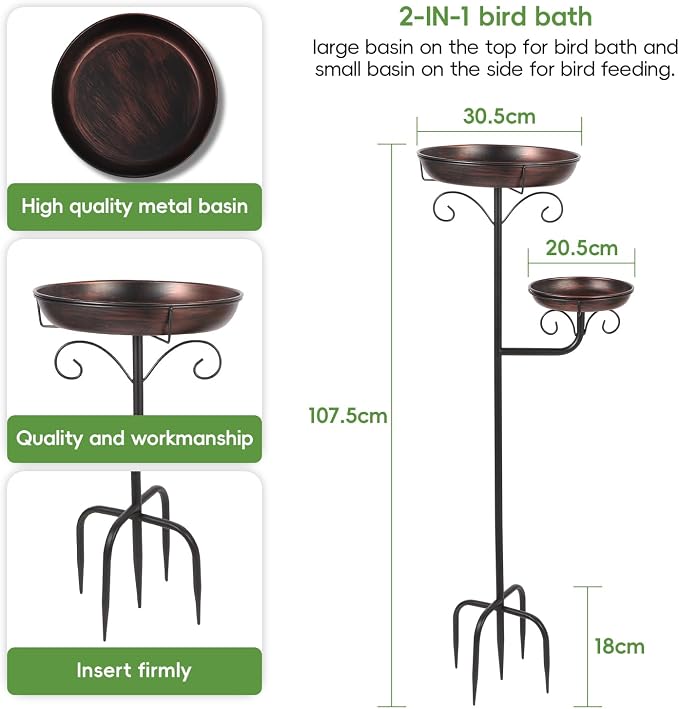 42" Large Freestanding Metal Bird baths for Outdoors Bird Feeder Ground for Garden Decor, Removable Bowl with Strong 5 Stakes, Bird Bath for Outside, Ground Mounted Birdbaths for Pation Backyard Lawn