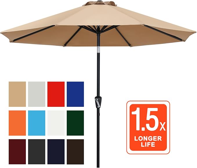 ABCCANOPY 10FT Patio Umbrella, Outdoor Waterproof Table Umbrella with Push Button Tilt and Crank, 8 Ribs UV Protection Pool Umbrella for Garden, Lawn, Deck & Backyard (Tan)