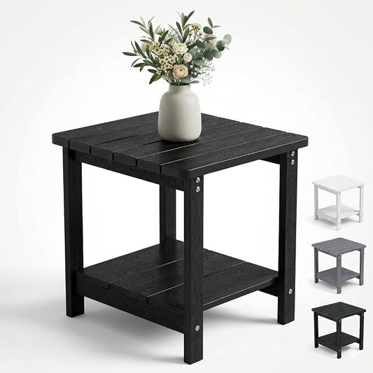 Adirondack Square Outdoor Side Table, 2-Tier Patio Side Table, HDPS End Tables for Porch, Deck, Backyard, Garden, Poolside, Beach, Easy Assembly, Black