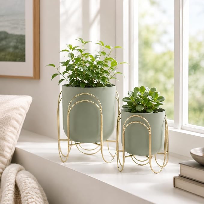 JHY DESIGN Set of 2 Planters with Stand Indoor Outdoor Metal Plant Stand 11.5/8" H Modern Planters Flower Pots for Living Room Corner Kitchen Office Garden Balcony Patio Decor(Green)