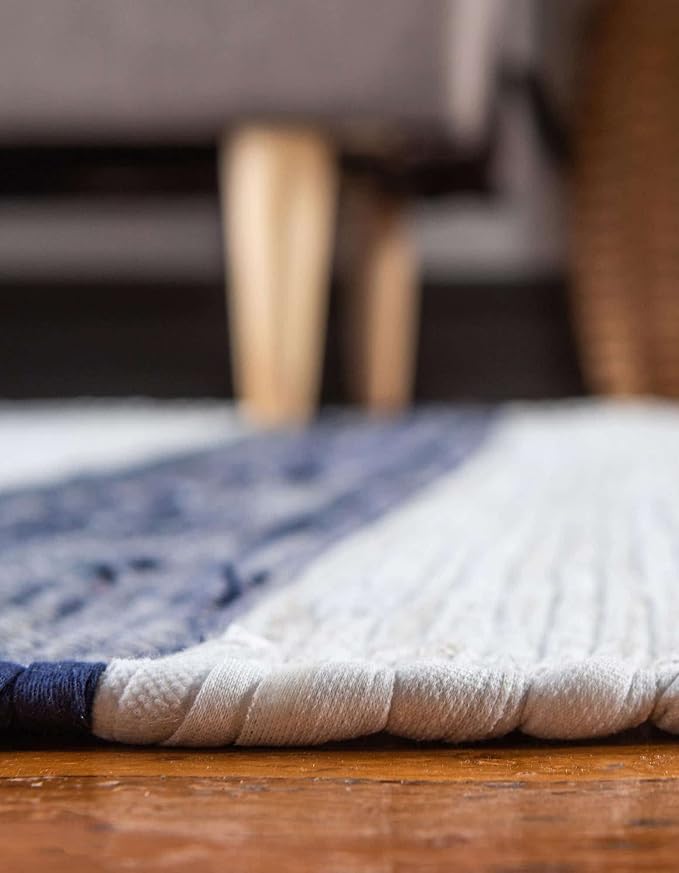 Unique Loom Chindi Rag Collection Area Rug - Striped (10' Square, Navy Blue/ Ivory)