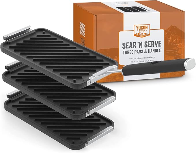 Yukon Glory Cast Iron Tray Set | 3 Grooved Cast Iron Pans & Clip-On Handle | Pre-Seasoned | Commercial-Grade | Grill to Table | Gas, Charcoal & Campfire