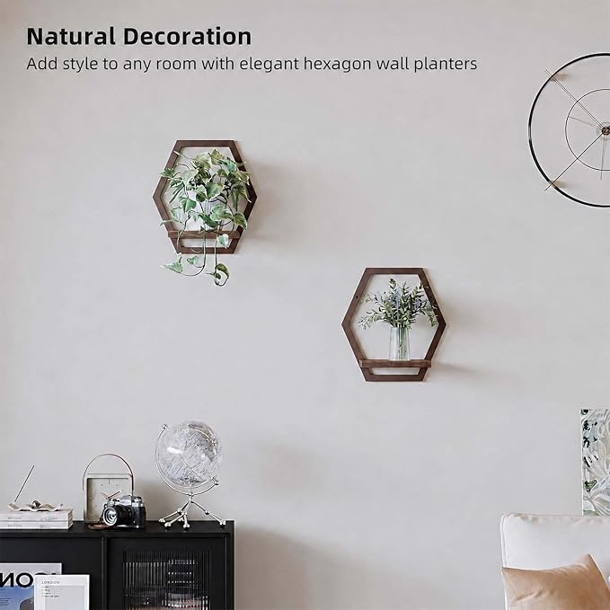 2 Pack Walnut Color Solid Wood & Metal Framework Wall Plant Stands,9 inch Natural Wood Shelf of Indoor,Mid Century Modern Hanging Planter for Outdoor Entryway 25 LB Load for Plants Coffee