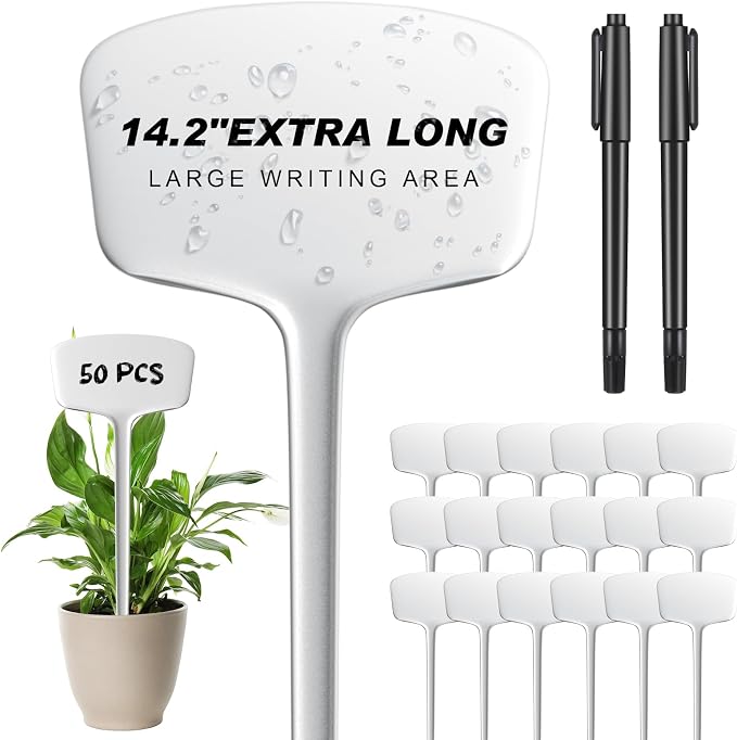 Colingmill 50 Pcs 14.2 Inch Plastic Plant Labels Tags T Type Plant Markers with Pen for Outdoor Indoor Garden Pot Herbs Flowers Vegetable(White)