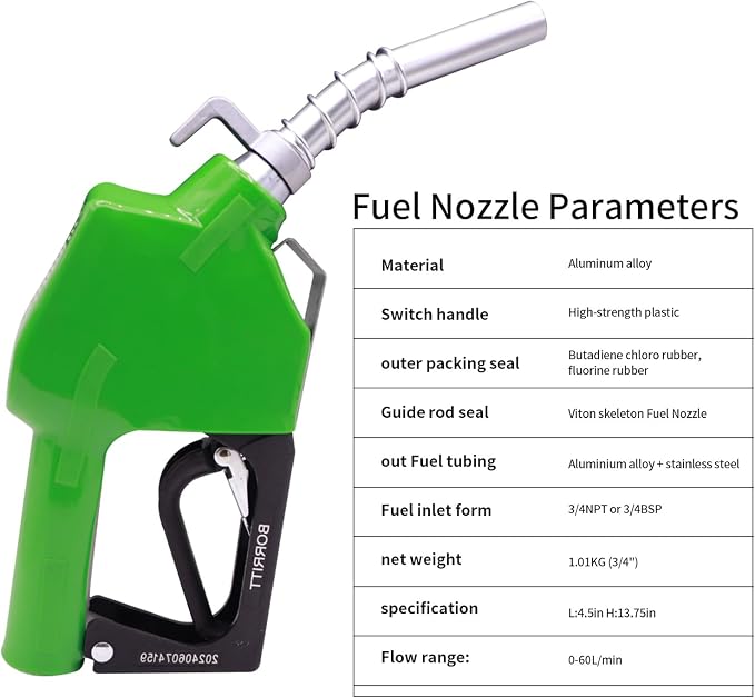Green 3/4" Inch NPT Automatic Shut-Off Fuel Nozzle With Hook 13/16"Spout Max Flow Rate 16 GPM Perfect For Industry,Transportation Used for diesel,gasoline,kerosen