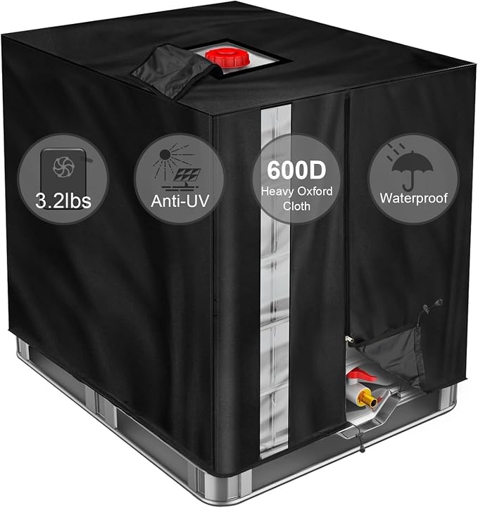 IBC Tote Cover, GDCCPRO 600D Heavy Duty Waterproof Cover for 1000L IBC Container Rain Water Tank Outdoor 275 Gallon Rain Barrel Foil Anti-Dust Cover Sun Protection Anti-UV (600D W/Window)