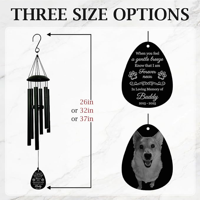 Personalized Sympathy Gift for Loss of Dog, Cat– Custom Pet Memorial Wind Chimes - Laser Engraved with Your Pet's Photo & Name – in Loving Memory, Outdoor Garden Decor