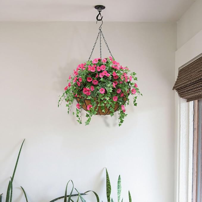 2 Pack 14 inch Metal Hanging Baskets for Plants, Round Metal Wire Hanging Basket Planter with Coco Fiber Liners Chain for Garden Home Porch Patio, Flower Border