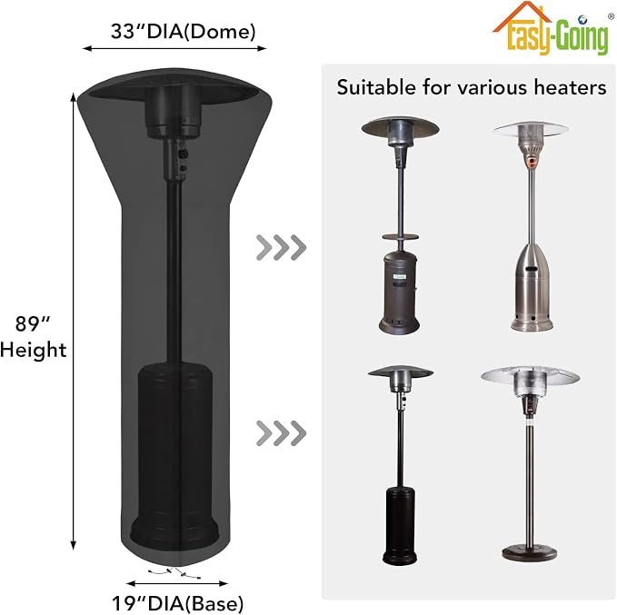 Easy-Going Patio Heater Cover with Zipper and Storage Bag, Waterproof Outdoor Heater Cover Dustproof, UV-Resisant, Wind-Resistant (89"H x 33"D x 19"B, Black)