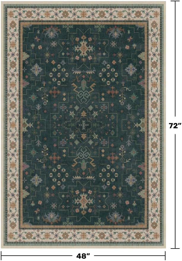 Dark Green 4x6 Living Room Rug - Modern Vintage Boho Floral Forest, Washable Low Pile Non-Slip Area Rugs for Door Mat Entrance, Mudroom, Kitchen, Bedroom Beside Bed, Office