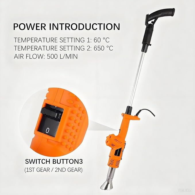 3-in-1 Electric Weed Burner, 2000W Thermal Weeder & Hot Air Gun, 1202℉ Max, 5 Nozzles For Garden Grass, BBQ Ignition, Ice Melting(Orange color)