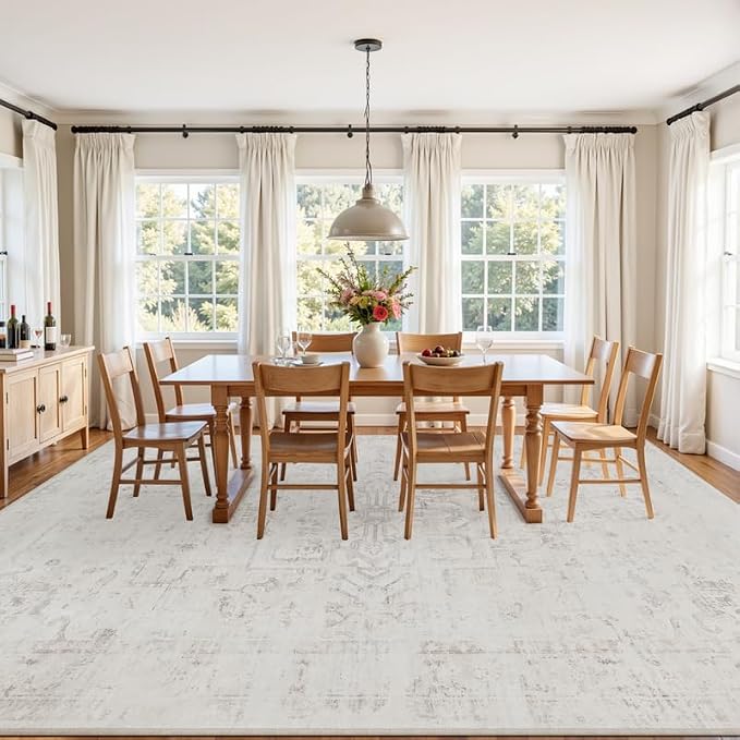 8x10 Area Rugs Living Room: Bedroom Washable Carpet Neutral Cream | Large Vintage Boho Indoor Decor Carpets Soft Nursery Farmhouse Dining Room Office Floor Non-Slip Low Pile Under Table Rug
