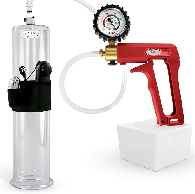 LeLuv Vibrating Penis Pump Maxi Red Handle + Protected Gauge - Bundle with Clear Hose - 12 inch Length x 2.75 inch Diameter Cylinder