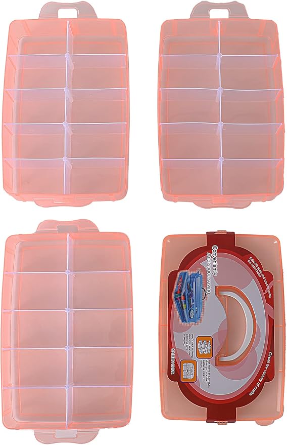 Sooyee Craft Storage Organizer, 3-Tier Plastic Sewing Box with Dividers, Storage Containers for Organizing Art Supplies, Fuse Beads, Washi Tape, Jewelry, Tool, Toy, Orange, 10"(L) x 6.7"(W) x 7"(H)