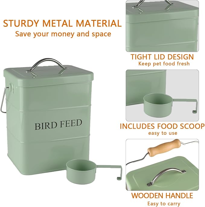 Morezi Bird seed and feed storage tin with lid Included Green-coated Metal Tight Fitting Lids - storage canister tins