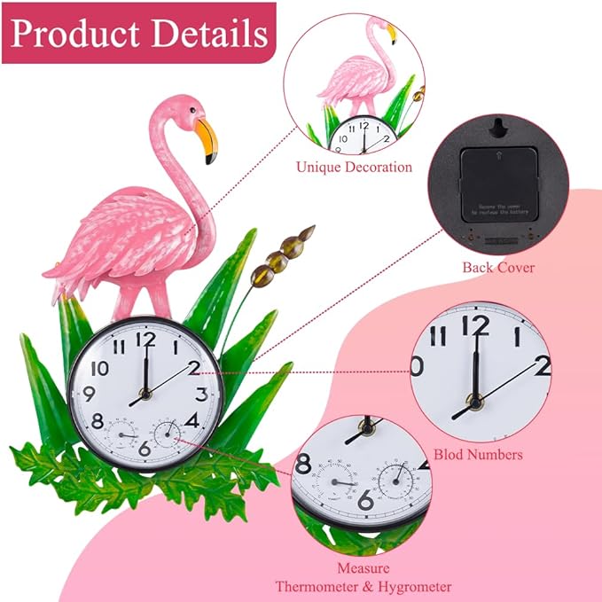 Outdoor Clock Silent Non-Ticking, Outdoor Wall Clocks with Thermometer & Humidity, Quartz Clocks Waterproof Decor for Patio Garden Living Room（Pink Flamingo）