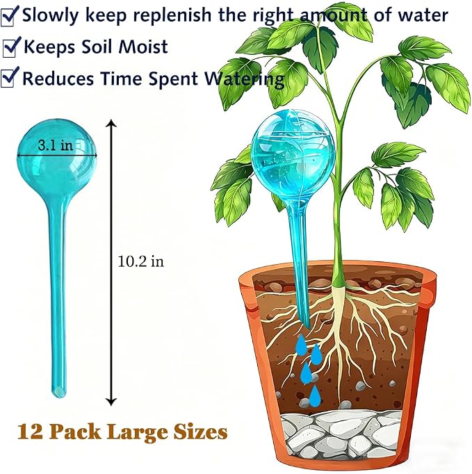 Plant Self Watering Globes, Large 12pcs Flower Automatic Watering Bulbs, Plastic Plant Flower Self Watering Devices, Garden Self Watering Planter Insert for Daily Vocation Watering, Forgetful Gardener