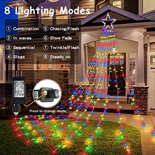 Outdoor Christmas Decorations 317 LEDs Christmas Lights with 9 Strands 11.9ft Waterfall Christmas Tree Lights, 8 Modes, Waterproof, Topper Star & Timer for Yard Patio Xmas Décor, Multicolor - Image 5