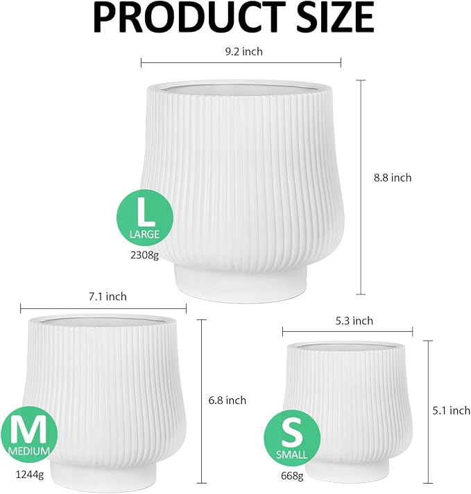 OXART Ceramic Plant Pot, 9/7/5.3 inch Large Plant Pot with Drainage, 3 Piece Planters for Indoor Plants, Modern Decor Home Office Garden Flower Pots for Indoor Outdoor Plants, White