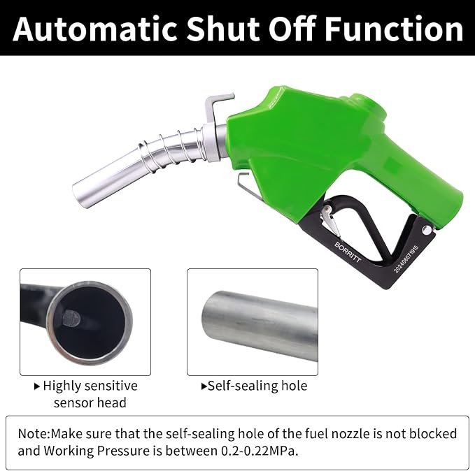1" Inch NPT Green Automatic Fuel Nozzle Heavy Auto Shut-Off Aluminum Alloy Diesel Petrol Fuel Transfer Pump Nozzle W/Three Notch Hold Open Clip The Max Flow Rate 32 GPM Not for gravity tank