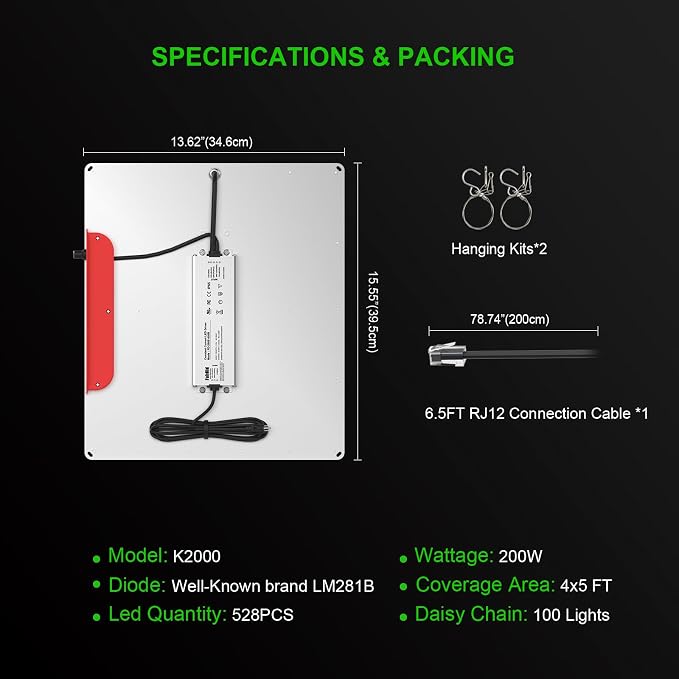 AGLEX 180W Full Spectrum LED Grow Light with UV & IR, 528 LEDs Dimmable, High PPFD, 4x5 ft Coverage, Daisy Chain for Indoor Plant Growing Seeding Starting Veg Flower- K2000