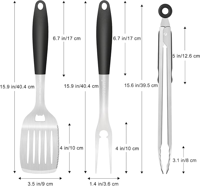 15.8" Heavy Duty Grill Set - Stainless Steel BBQ Tools with Spatula, Tongs & Fork, Professional Grilling Gifts for Men, Outdoor Barbecue Tool Set
