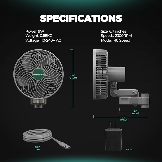 MARS HYDRO 2PCS 6''Oscillating Clip-On Grow Tent Fan,10 Speeds,EC Motor | Weatherproof Fan For Plants, Air Circulation Cooling For Hydroponics, Greenhouse,Supports App Control Via Icontrol Controller