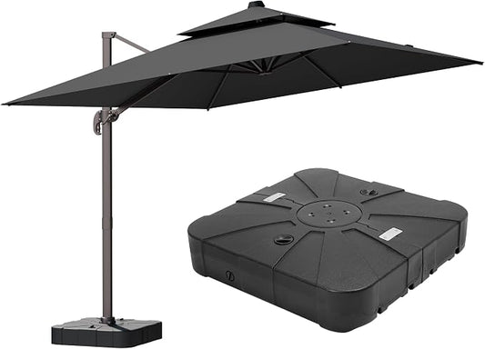 9x12FT Grey Cantilever Outdoor Patio Umbrella with Base, Large Rectangular Offset Design, Double Top Heavy Duty Aluminum Frame & 360° Rotation for Pool Garden Deck Backyard, Beige