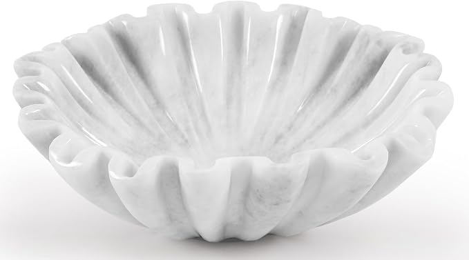 Marble Decorative Bowl Handmade 8 Inch White Ruffle Bowl, Fruit Bowl for Kitchen Counter, Large Scalloped Bowls for Housewarming Gifts, Modern Fluted Bowl for Home Decor