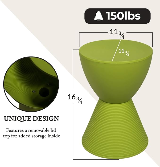 LeisureMod Green Hourglass Side Table with Storage – Modern Ribbed Drum End Table, Removable Lid, Compact Accent Table for Indoor/Outdoor Use