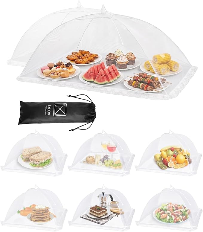 Food Covers for Outside - 2 Extra Large (40 x 25 in) & 6 Large (17 x 17 in) Pop-Up Umbrella Screen Tents- Breathable Outdoor Mesh Food Covers & Picnic Essentials - Collapsible Mesh Food Tent