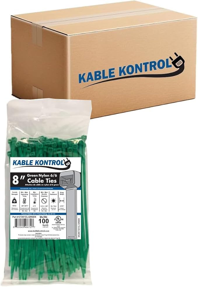 Kable Kontrol Green Zip Ties 8 Inch 10,000 Pcs, 50 Lbs Tensile Strength, Bulk Pack, Self-locking Nylon Colored Cable Ties Wire Wraps for Indoor or Outdoor Use