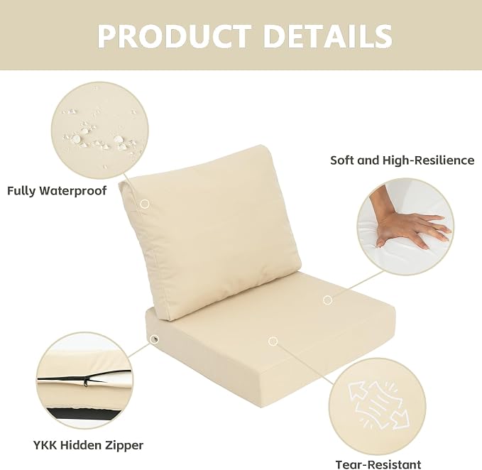 Goodgoods 25 x 25 Outdoor Patio Deep Seat Cushions 2-Pack, Fade-Resistant & Water-Resistant Furniture Chair Cushions with 35D High-Resilience Foam for Sofa, Beige