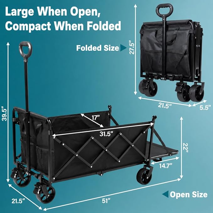 Collapsible Wagon Cart, 300L Folding Wagon with Tailgate & Brakes | extra large wagon cart with rear tailgate, brakes, large all-terrain wheels for camping, groceries, beach, outdoor hauling