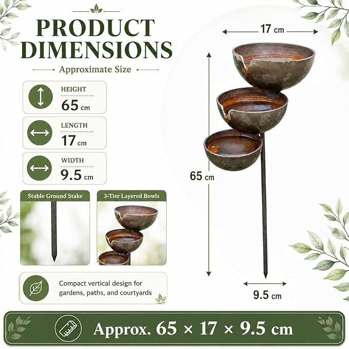 Rain Catcher Bird Bath Tiered - Bring Life Back to Your Garden (Retro) | Self Filling Bird Bath Stake for Hummingbird Butterfly & Bee, Lawn Yard Outdoor Decor, Metal Water Bowl, Watering Station