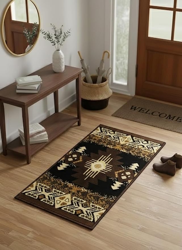 YHSF South West Native American Area Rug C318 - Easy Clean, Thick, Soft, Durable Native Tribal American Indian Inspired Rug for Bedroom/Living Room and More - Black, 16 Inches x 28 Inches