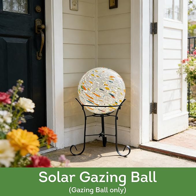 Lily's Home Gazing Ball - 7.68" Glass Globe with Solar Powered Lights - Outdoor Solar Lights for Yard & Patio - Garden Decor - Automatic On/Off Photosensitive Switch - White