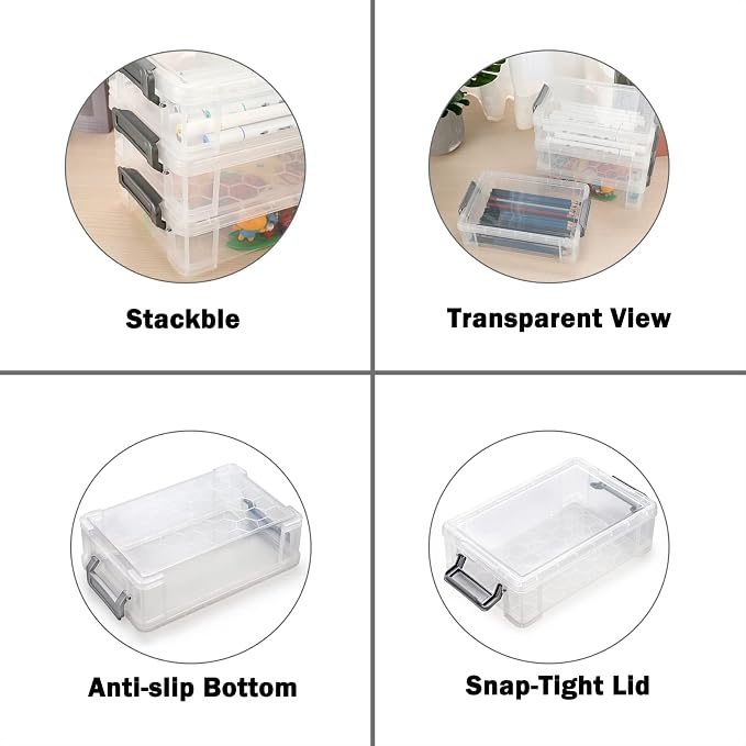 BTSKY 4 Pack Extra Large Plastic Pencil Box Stackable Translucent Clear Pencil Caase Crayon Box Set, Marker Organizer Art Supply Storage Organizer for Gel Pens Pencils Erasers Tape Markers etc(Grey)
