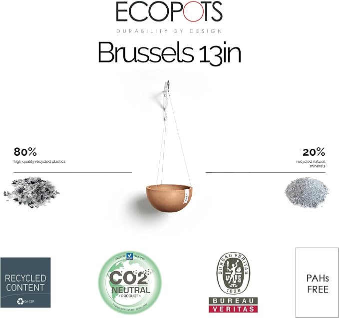 Ecopots Hanging Brussels Durable Modern Round Indoor/Outdoor Recycled-Based Composite Flower Pot Planter, Terracotta Color, 13"