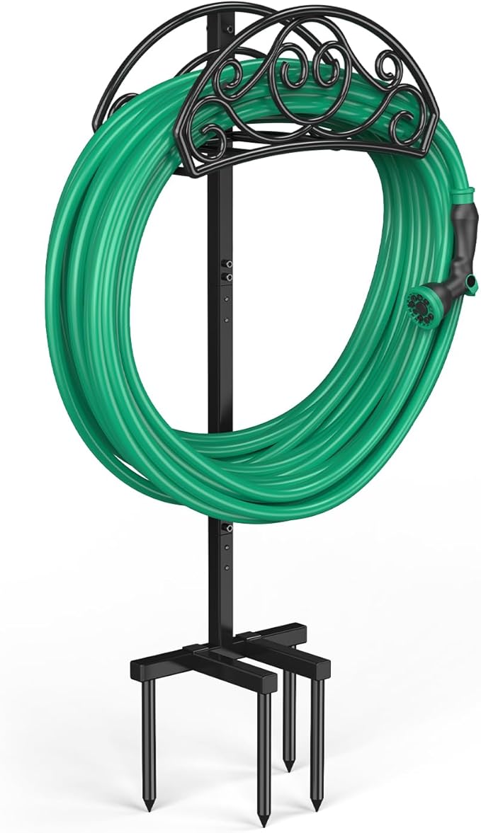 Sunvigor Garden Hose Holder, Heavy Duty Metal Hose Stand with 4 Spikes, Holds Up to 150FT Hose, No Drill Freestanding Hose Reel Alternative for Yard Lawn Outdoor