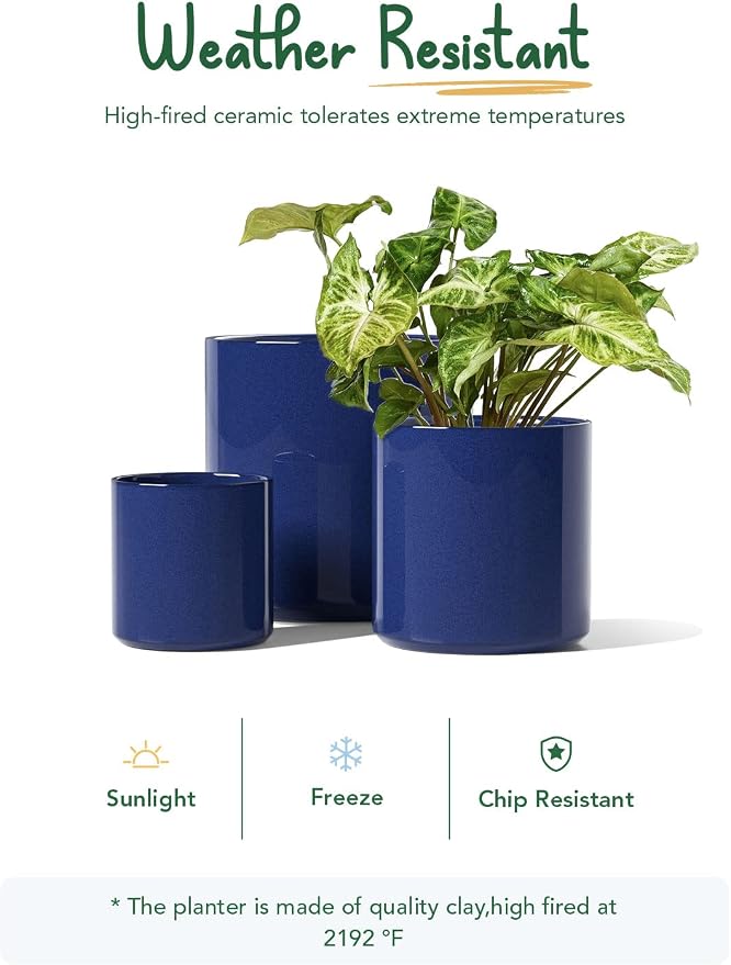 LE TAUCI 10+8+6 Inch Ceramic Pots for Plants, Indoor Planters with Drainage Hole and Plug, Modern Cylinder Flower Pots Set of 3 for Office and Living Room, Glossy, Midnight Blue