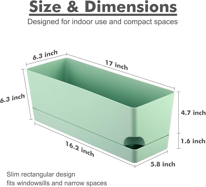 Party Zealot Window Boxes Planters, 3 Pack Self Watering Pots for Indoor Plants 17 Inch Rectangular Planter Rectangle Flower Pots Long Plant Pot Large Window Sill Herb Planter Box, Green