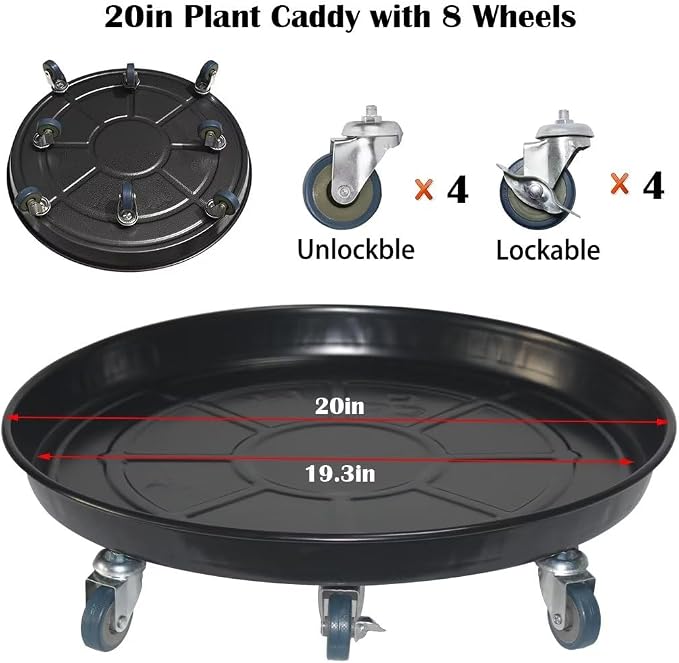 ARTLINE Round Plant Stand with Lockable Wheels, Heavy Duty for Indoor Outdoor, Large Rolling Dolly Planter Caddy on Casters to Carry Potted Flower Pot, Round Metal Tray NO Holes, Black