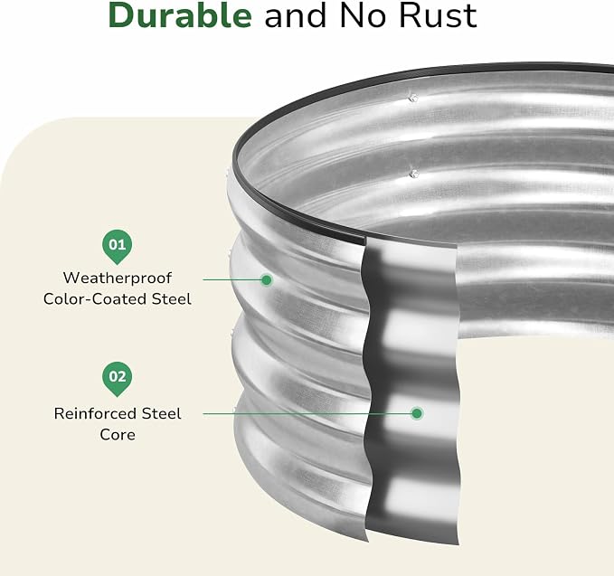 GreatBuddy 2x2x1 ft Round Galvanized Raised Garden Bed, Easy-Assembly Raised Bed with Anti-Cut Gloves & Tools, Rust-Proof Garden Bed for Outdoor, Vegetables, Herbs, Small Trees, Silver